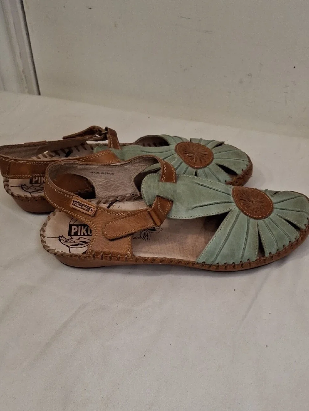 PIKOLINOS Puerta Vallarta Mint Green and Tan Leather Slingback Sandals